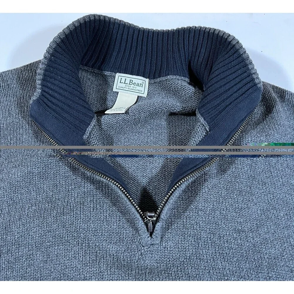 LL Bean 1/4 Zip Grey Cotton Knit Mock Neck Pullover Sweater Men's Size XL